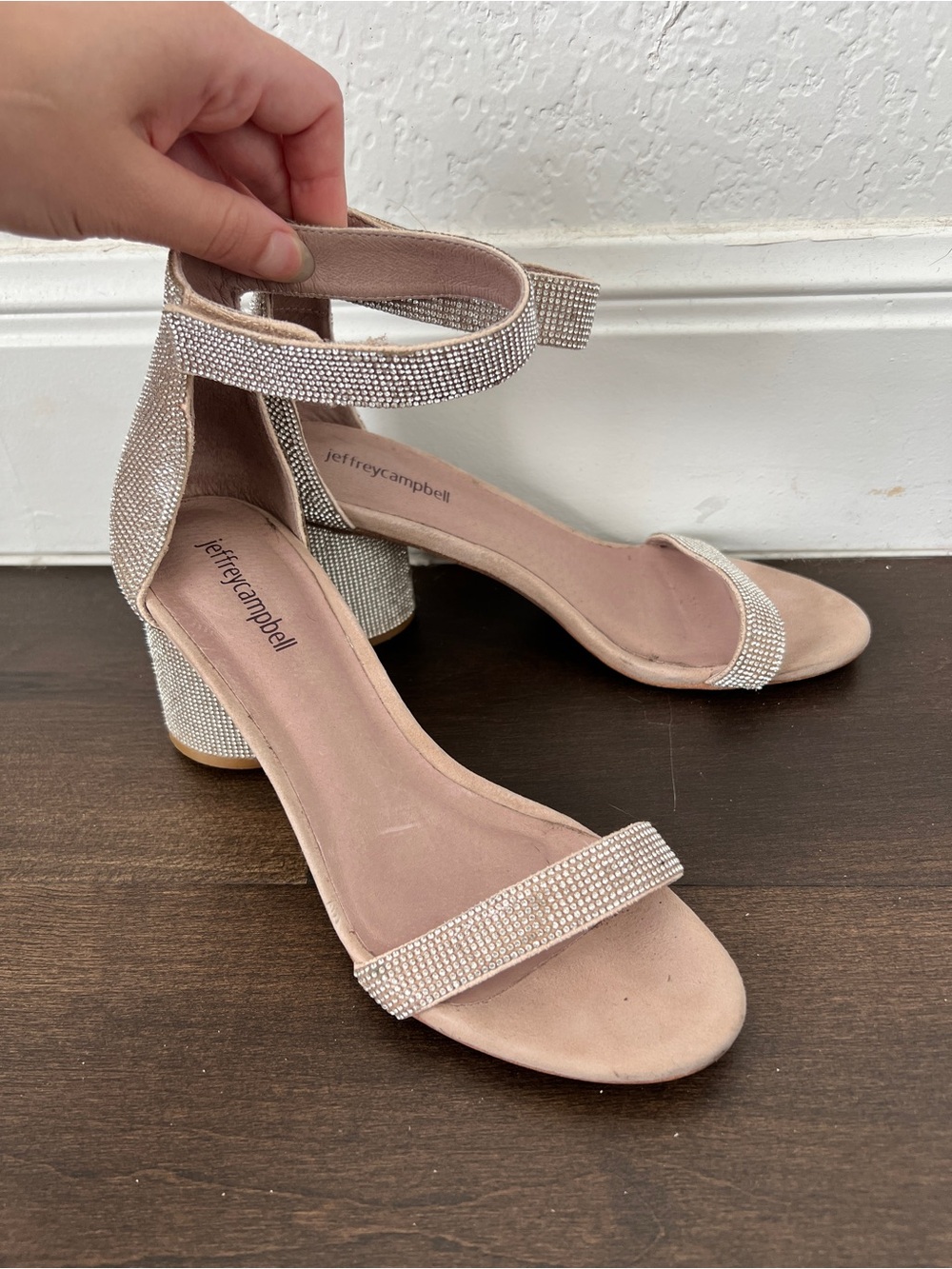Jeffrey Campbell Blush Rhinestone Strap Block Heel Sandals